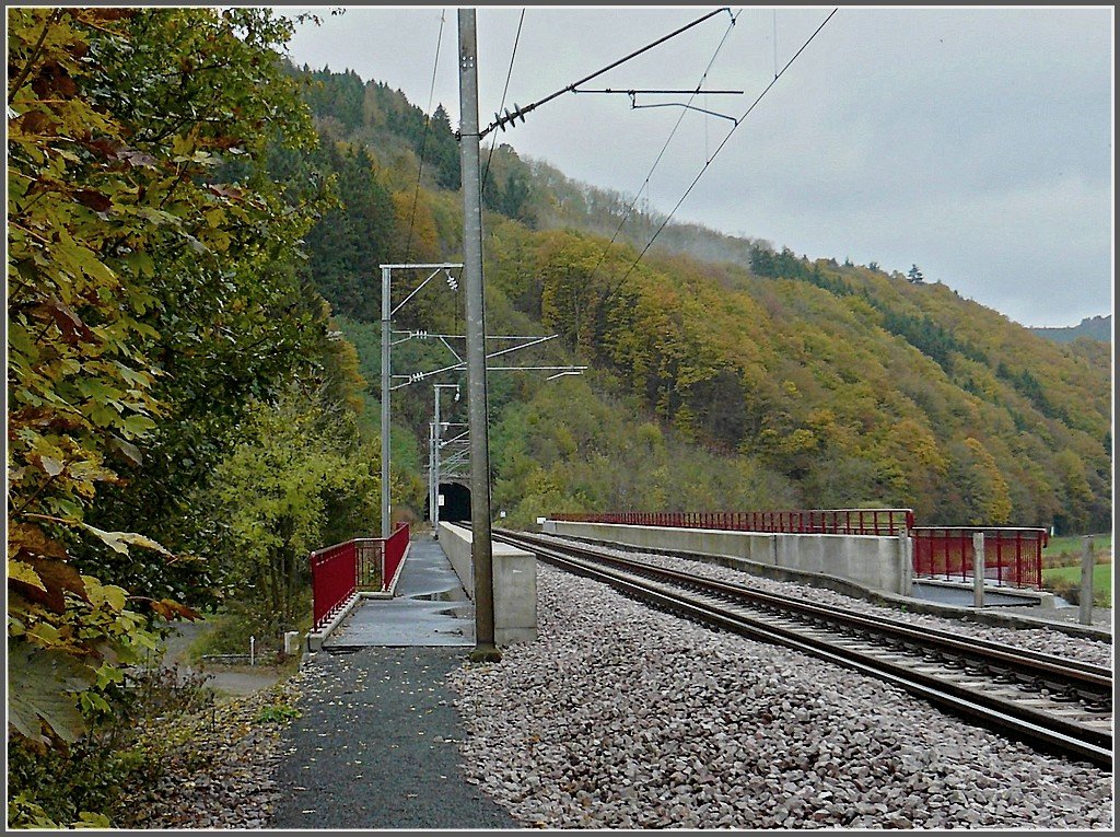 An der Eisenbahnbrcke in der Nhe von Michelau fhrt ein offizieller, ausgeschilderter Wanderweg an beiden Seiten von dem Gleis vorbei. 25.10.09 (Hans)