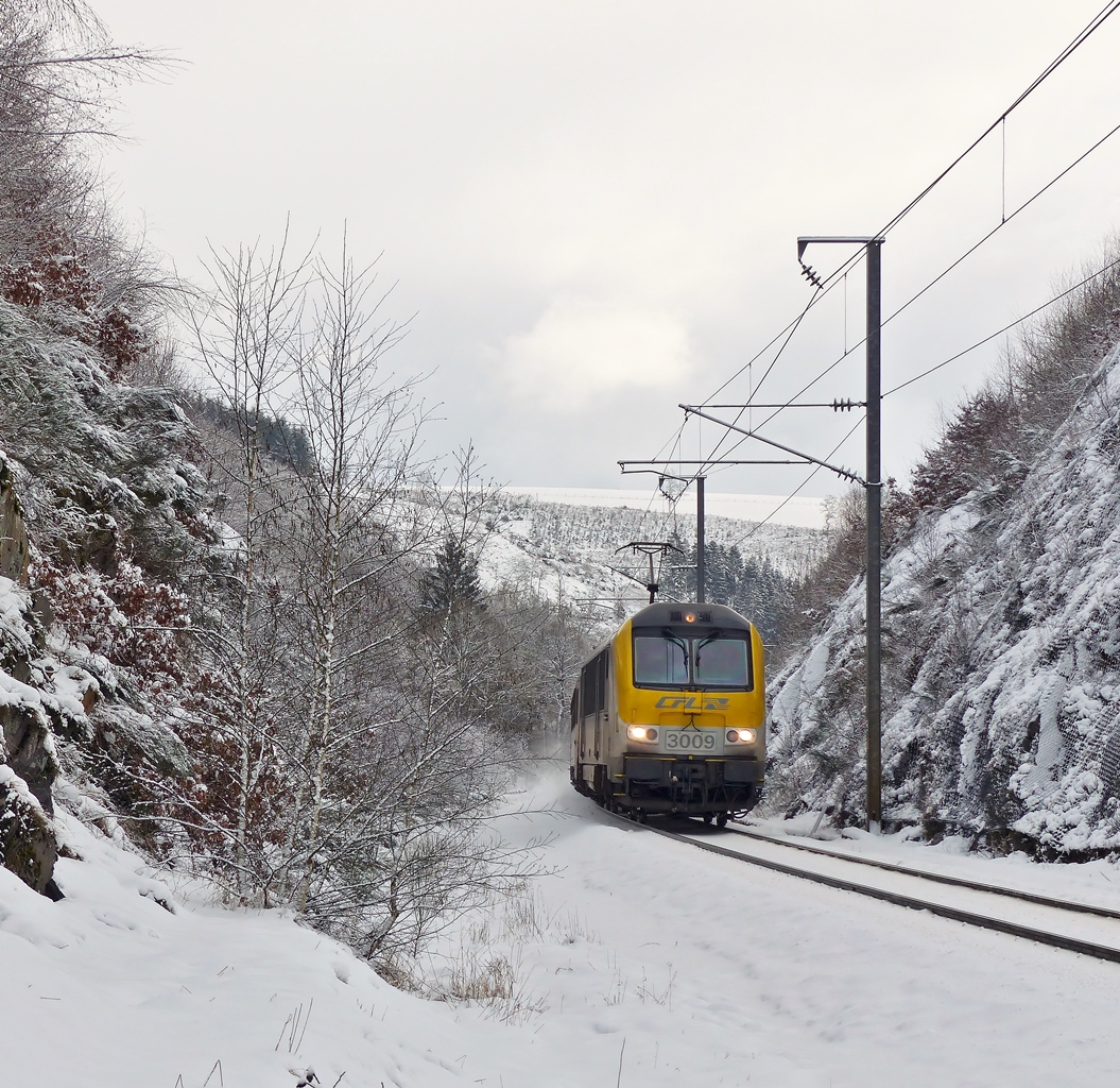 . Am 02.02.2015 zog die 3009 den IC 113 Luxembourg - Liers durch das tief verschneite Tal der Woltz in der Nhe von Maulusmhle. (Jeanny)