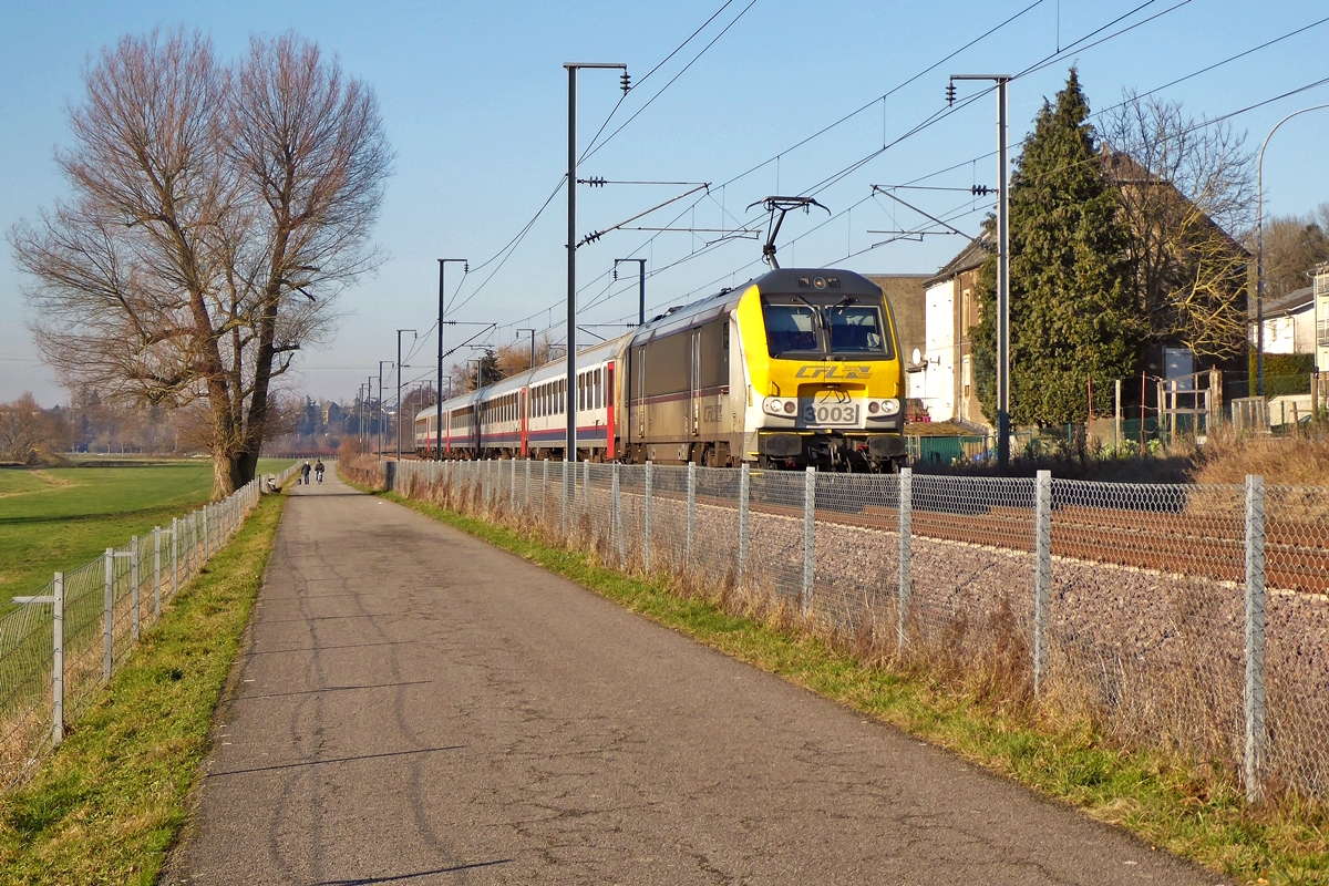 Die CFL 3003 zieht am 21.01.2019 den IC 112 Liers-Luxembourg ber die Nordstrecke in der Nhe von Rollingen/Mersch. (Jeanny) 