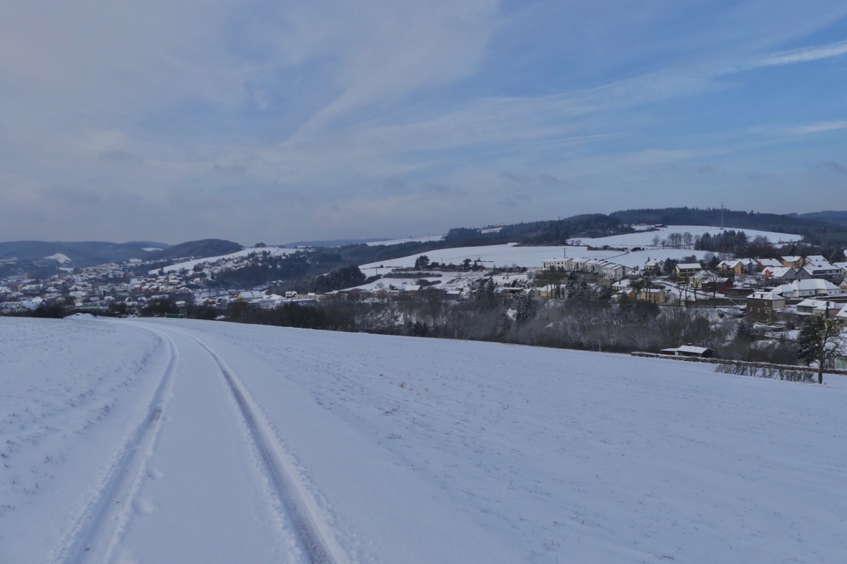 Winterimpressionen bei einer Wanderung auf einem wenig befahrenem Feldweg in der Nähe von Wiltz, mit Blick auf Erpeldange Weidingen und einem Teil von Wiltz. 18.01.2024