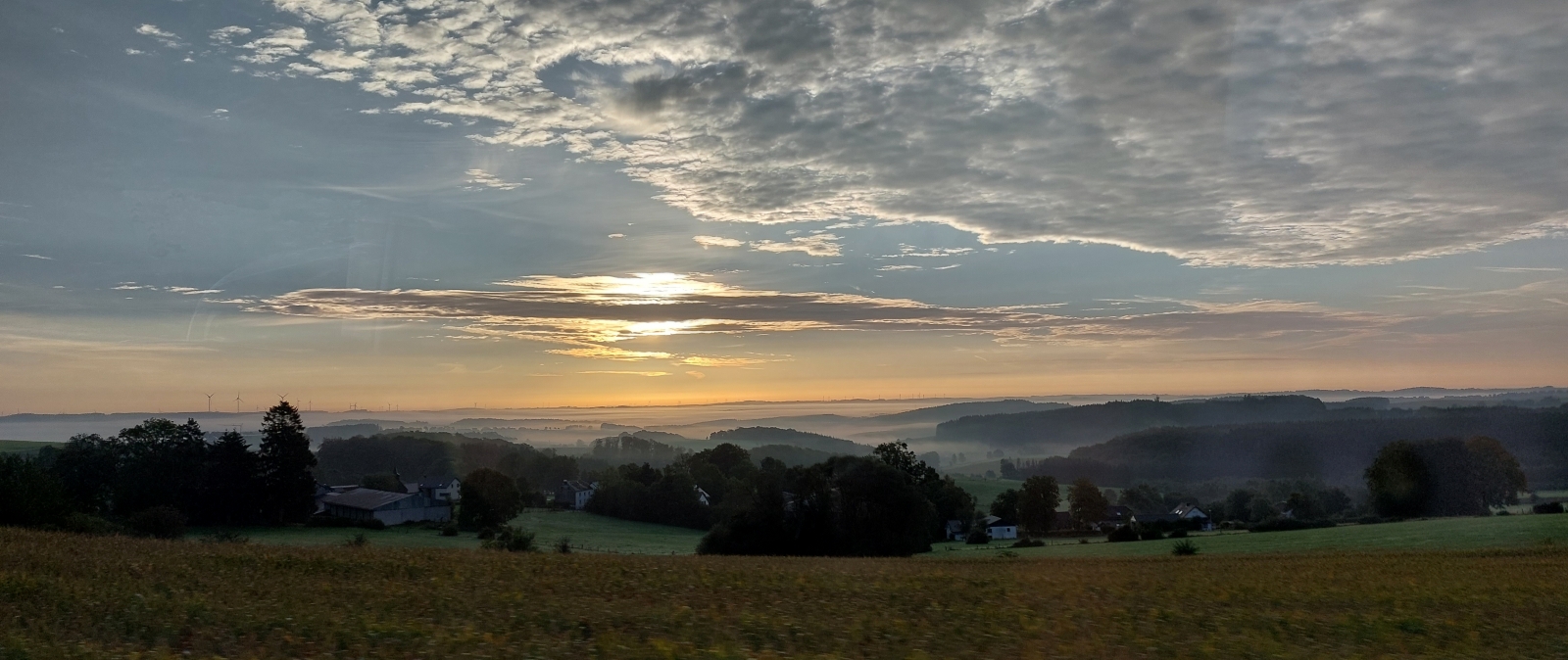 Busfahrt in den Sonnenaufgang. Kurz hinter der Belgischen Grenze steht die Sonne schon etwas hher am Himmel aber zum Glck von einer kleinen Wolke verdeckt. 06.10.2023 (Jeanny)