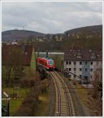 Als Nachschuss -   Der Dieseltriebwagen 648 206 / 706 ein Alstom Coradia LINT 41 der DreiLänderBahn  als RB 95 (Dillenburg-Siegen-Au/Sieg) erreicht gleich (15.03.2014) den Hbf Siegen, er hatte
