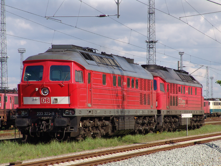 233 321-9+232 425-9 warten gemeinsam auf die Einfahrt ins Kombiwerk Rostock-Seehafen(04.05.10) 