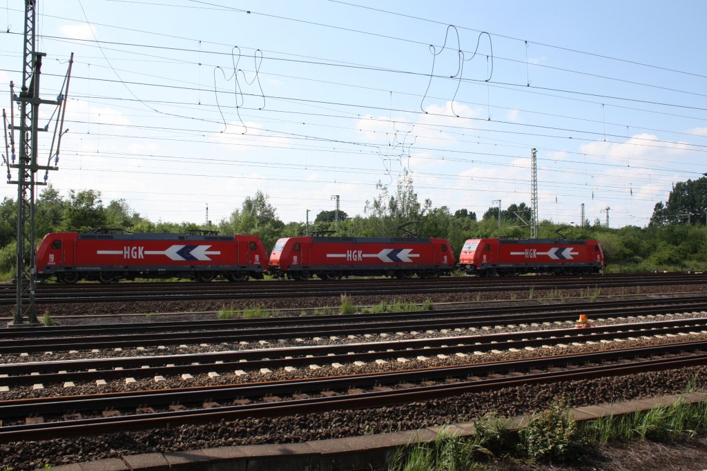 3 HGK E-Loks in Hamburg Wilhelmsburg am 11.06.2011 Abgestellt.
2066 ( BR 185 631-9 ),2001 ( BR 145 089-9 ),2067 ( BR 185 632-7 ) 