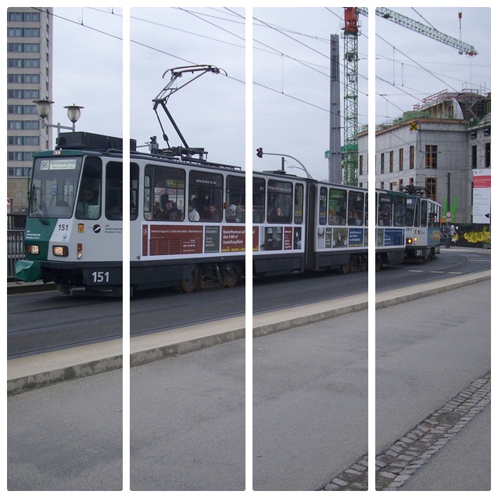 4-teiliges Bild der Stra�enbahn NR.151 von Potsdam.