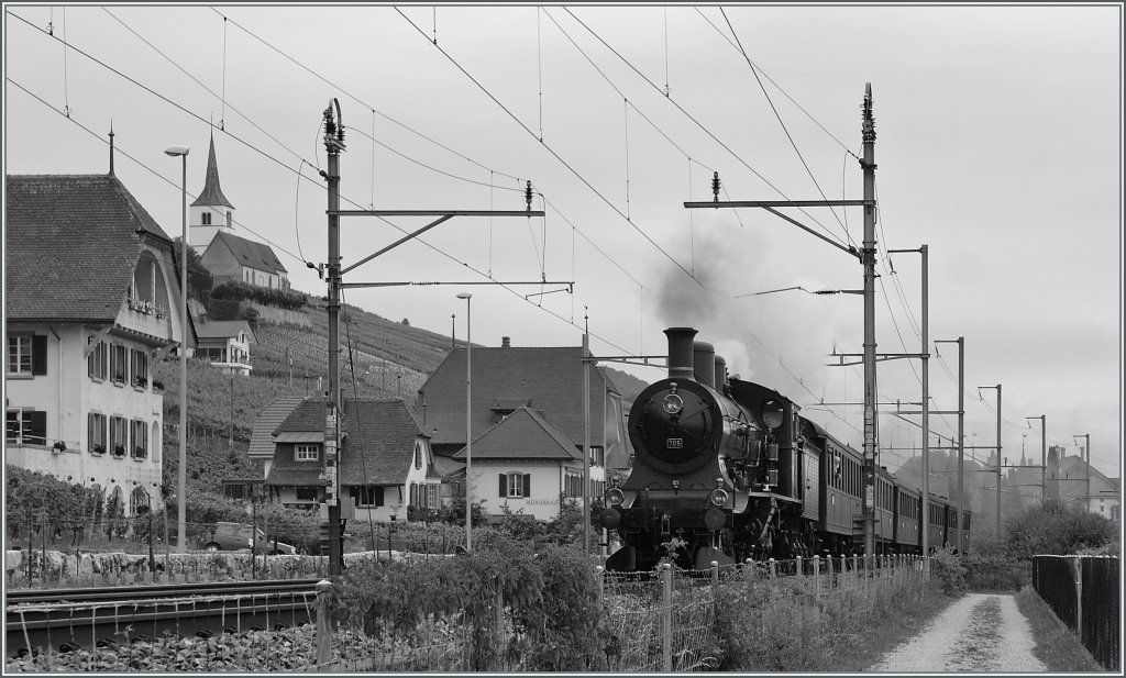 Die A 3/5 mit ihrem Extrazug nach Murten in Ligerz.
 