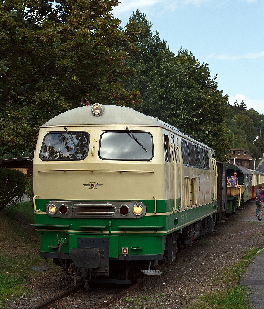 Die schmalspur (1000mm) Diesellok D5 (ex FEVE 1405) der Brohltalbahn steht am 18.08.2011 im Bf Niederzissen, hier ist Zwischenhalt auf der Bergfahrt. Die Lok wurde 1966 unter der Fabriknummer 31004 B'B' 1966 Henschel  gebaut. Sie hat eine Leistung von 1200 PS und eine Bauart B-B. Im Jahr 1998 kam die Lok von Spanien ins Brohltal.