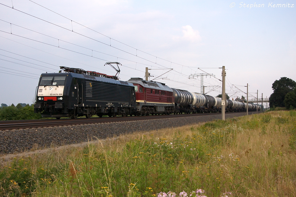 ES 64 F4 - 008 (189 908-7) MRCE Dispolok GmbH f�r LEG - Leipziger Eisenbahnverkehrsgesellschaft mbH mit der Wagenlok 132 004-3 (232 204-0) und einem Kesselzug  Dieselkraftstoff oder Gas�l oder Heiz�l (leicht)  in Vietznitz und fuhr in Richtung Wittenberge weiter. Netten Gru� an den Tf! 26.07.2013