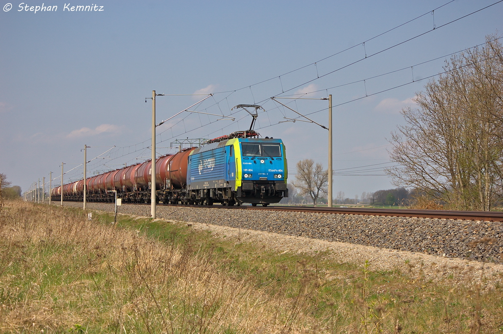 ES 64 F4 - 804 (189 804-8) MRCE Dispolok GmbH fr PKP Cargo  EU45-804  mit einem Kesselzug  Dieselkraftstoff oder Gasl oder Heizl (leicht)  in Vietznitz und fuhr in Richtung Nauen weiter. 26.04.2013