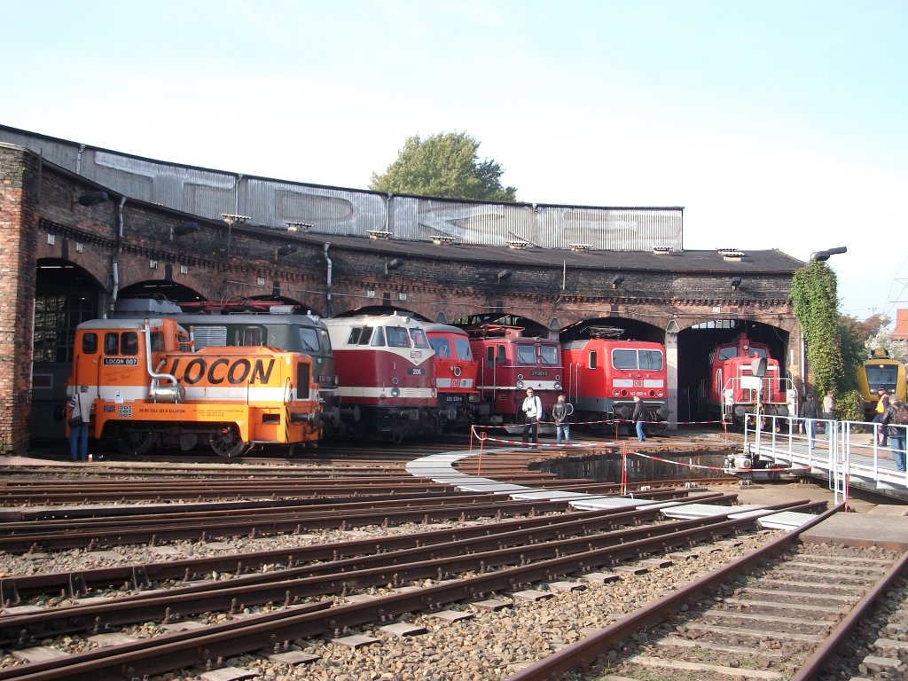 Lokparade am 03.Oktober 2010 am Lokschuppen in der Einsatzstelle Berlin Lichtenberg aus Anlass  175 Jahre deutsche Eisenbahnen .Dabei von links Locon-007,E40 128,MEG-206,233 233,211 001,143 002,362 597 und 711 122.Im Freigel�nde und auf dem benachbarten Bahnhof Lichtenberg standen ebenfalls Loks zur Besichtigung.
