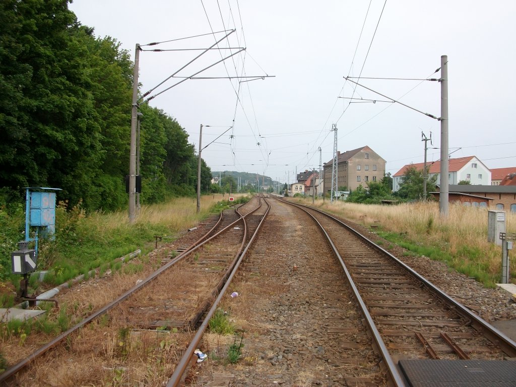 So sehen die Lokf�hrer die Einfahrt von Sassnitz.Aufnahme vom 13.Juli 2010 vom Bahn�bergang Merkelstra�e.