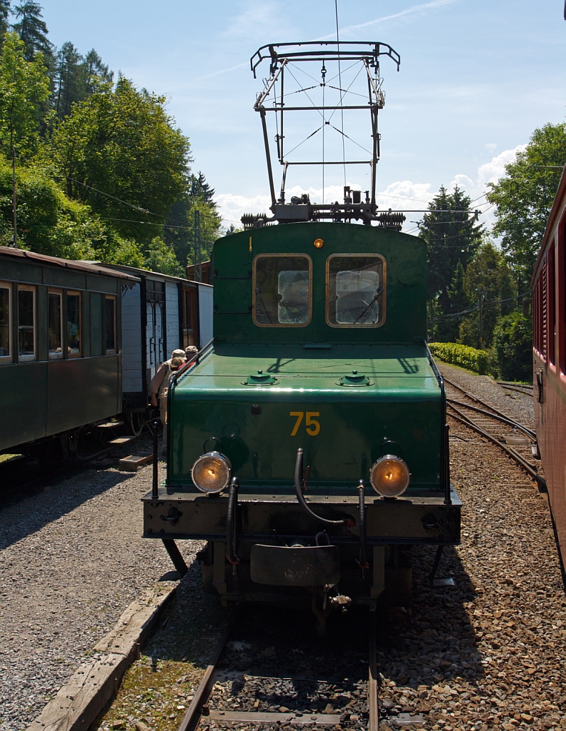 Und hier von Vorne (aus einem Zug) - Die ex +GF+ (Georg Fischer AG, Schaffhausen) Werklokomotive Ge 4/4 75, am 27.05.2012 im Museum Chaulin (der Museumsbahn Blonay–Chamby). 