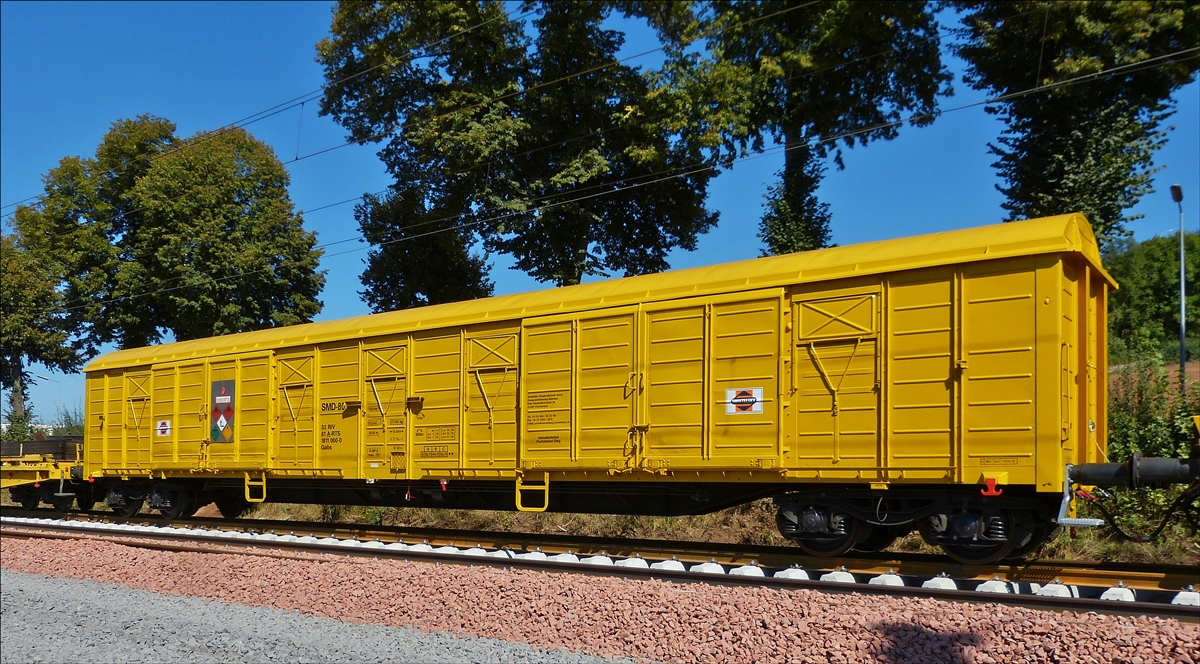 . Detailfoto des Gleisumbauzuges. Auch dieser Geschlossene Güterwagen Art Gabs, war am Ende des Zuges eingereiht.  Schieren 06.09.2016.