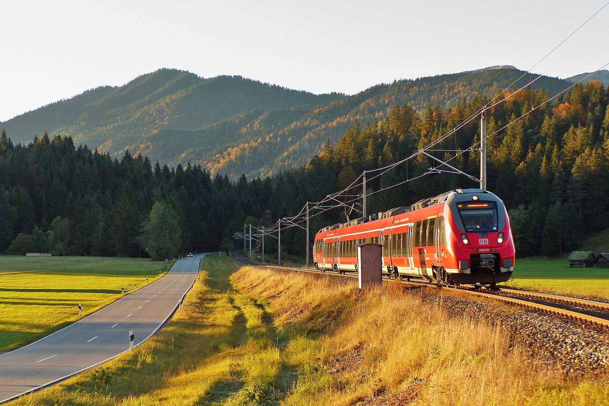 . Die tiefstehende Sonne des 04.10.2015 taucht die Mittenwaldbahn zusammen mit dem Hamster in ein goldenes Licht. 2442 211 war als RB Mnchen Hbf - Innsbruck Hbf in Mittenwald, am Quicken unterwegs. (Jeanny) 