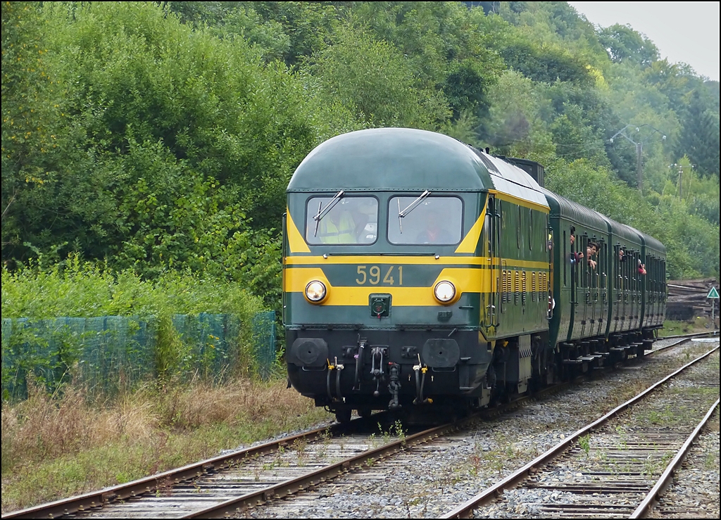 . Die tolle HLD 5941 mit dem coolen Sound erreicht mit ihrem Sonderzug den Bahnhof Dorinne-Durnal. 17.08.2013 (Hans)

Nach dem Zweiten Weltkrieg erhielten die NMBS/SNCB zunchst auswrtige Dampflokomotiven zur Wiederaufnahme des Eisenbahnbetriebs im Lande, so die Reihe 29 aus Kanada und die Reihen 25 und 26 aus Teilen deutscher Kriegslokomotiven. Es zeigte sich jedoch bald, dass die Anschaffung von Diesellokomotiven auf Dauer rentabler war.

Ursprnglich war eine Einheitsserie von schweren sechsachsigen Lokomotiven vorgesehen, die landesweit zum Einsatz kommen sollten. Die NMBS/SNCB entschied sich jedoch fr eine weitere Lokomotivgattung speziell fr den Einsatz vor schweren Zgen im Flachland, so dass die Reihe 201 (59) parallel zu den fr die Ardennenstrecken vorgesehenen Reihen 202, 203 und 204 (52, 53, 54) entstand. Anders als bei diesen erfolgte die Motorkonstruktion nicht durch den US-amerikanischen Hersteller General Motors, sondern durch die belgischen Lieferanten Cockerill, Baume & Marpent und Nivelles. Die elektrische Ausrstung lieferte ACEC.

Die Kopfenden hatten ursprnglich nur je zwei Signale; ber einen Farbfilter wurde zwischen Spitzen- und Schlusssignal gewechselt. Ab 1971 erhielten die Lokomotiven dann die blichen Dreilicht-Spitzensignale sowie getrennte Zugschlusssignale.

Die Fahrzeuge verkehrten sowohl im Personen- als auch im Gterzugverkehr. Mit Einfhrung des Intercity- und Interregio-Verkehrs ab 1984 wurden die Loks auf dem Personenverkehr entfernt. Mit der fortschreitenden Elektrifizierung erfolgte ab 1987 die vollstndige Ausmusterung. Einige Exemplare wurden nach ihrer Abstellung vorbergehend von der SNCF geliehen zum Bau der LGV Nord eingesetzt. Im Februar 1993 kehrten sie zur NMBS/SNCB zurck und versahen dort bis 2002 ihren Dienst beim Bau der HSL 1 und HSL 2.

Zum Schluss noch die technischen Daten der Srie 59:

Nummerierung: 201.001–201.055 (5901–5903, 5905–5933, 5935–5955)
Anzahl: 55 
Hersteller: Cockerill, ACEC 
Baujahr(e): 1954–1955 
Ausmusterung: 2002 
Achsformel: Bo'Bo' 
Spurweite: 1435 mm (Normalspur) 
Lnge ber Puffer: 16.180 mm 
Hhe: 4.120 mm 
Breite: 2.875 mm 
Drehzapfenabstand: 7.840 mm 
Drehgestellachsstand: 2.680 mm 
Dienstmasse: 87,2 t 
Hchstgeschwindigkeit: 120 km/h 
Installierte Leistung: 1.280 kW 
Anfahrzugkraft: 196 kN 
Treibraddurchmesser: 1.018 mm 
Motorentyp: Cockerill 608A 
Nenndrehzahl: 625/min 
Leistungsbertragung: elektrisch 
Kupplungstyp: Schraubenkupplung



