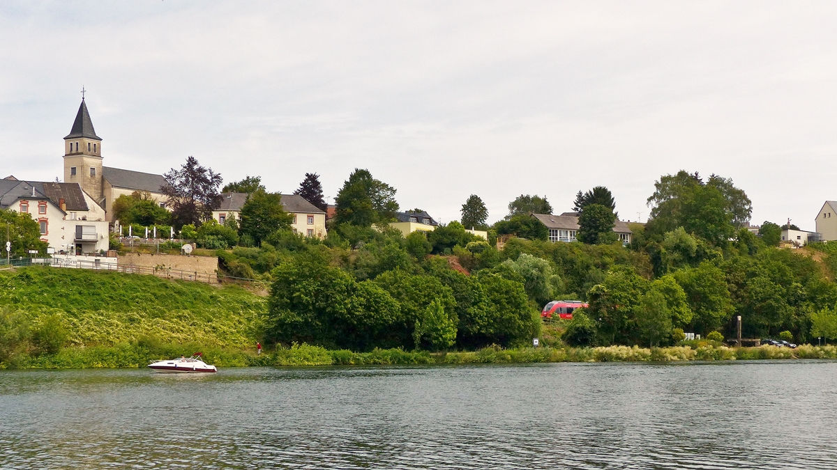 . Motiv verdeckt - Gestern hatten wir es gewagt, mal wieder einen Tagesausflug zu machen. Wir fuhren an die Mosel und legten in Stadtbredimus eine Rast ein. Von dort aus hat man eine tolle Sicht auf das deutsche Moselufer und den Ort Palzem. Ein Hamster fhrt auf der Obermoselstrecke in Richtung Trier und nhert sich leider von viel Gebsch verdeckt der Haltestelle Palzem. 12.07.2015 (Jeanny) 