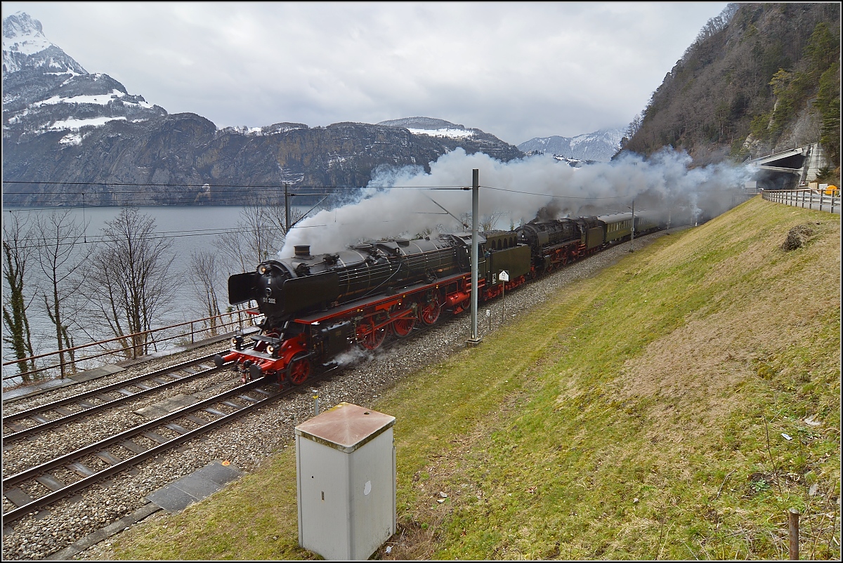 01 202 und 01 1066 mit ihrem Sonderzug München/Lyss-Locarno bei Sissikon. März 2015.