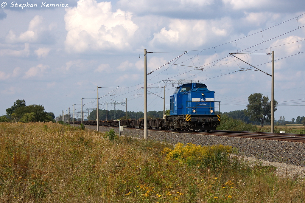 204 016-0 PRESS (204 314-9) mit einem Sgnss Ganzzug in Vietznitz und fuhr in Richtung Nauen weiter. Netten Gru� an den Tf! 29.08.2013