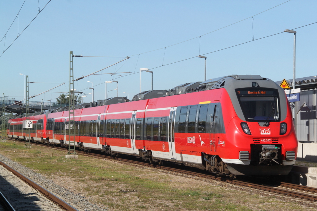 442 347 als S1 von Warnem�nde nach Rostock Hbf kurz vor der Ausfahrt im Haltepunkt Warnem�nde Werft.09.08.2015