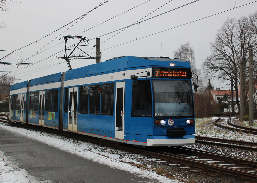 6N-1 Wagen 688 als Linie 2 in Rostock-Reutershagen.30.01.2026