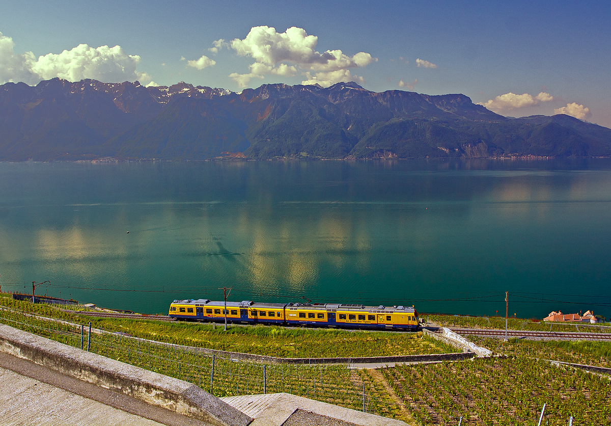 Abschied von diesem Zug wohl in dieser Farbgebung zum letzten Mal zusehen war. Am 28.05.2012 verkehrte der  Train des Vignes  (S31 -  Puidoux-Chexbres nach Vevey) wohl zum letzten Mal in dieser Zugskomposition  (SBB RBDe 560 131-5 mit Steuerwagen Bt 50 85 29-35 931-9) und Farbgebung. In der Nhe von Chexbres macht er seinem Namen alle Ehre in den Weinbergen des Lavaux hoch ber dem Genfersee, hier fhrt er Richtung Vevey. 