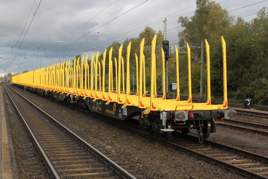 Am Morgen des 08.10.2016 stand der Holz-Leerzug von Stendal-Niederg�rne nach Rostock-Bramow im Haltepunkt Rostock-Bramow abgestellt.