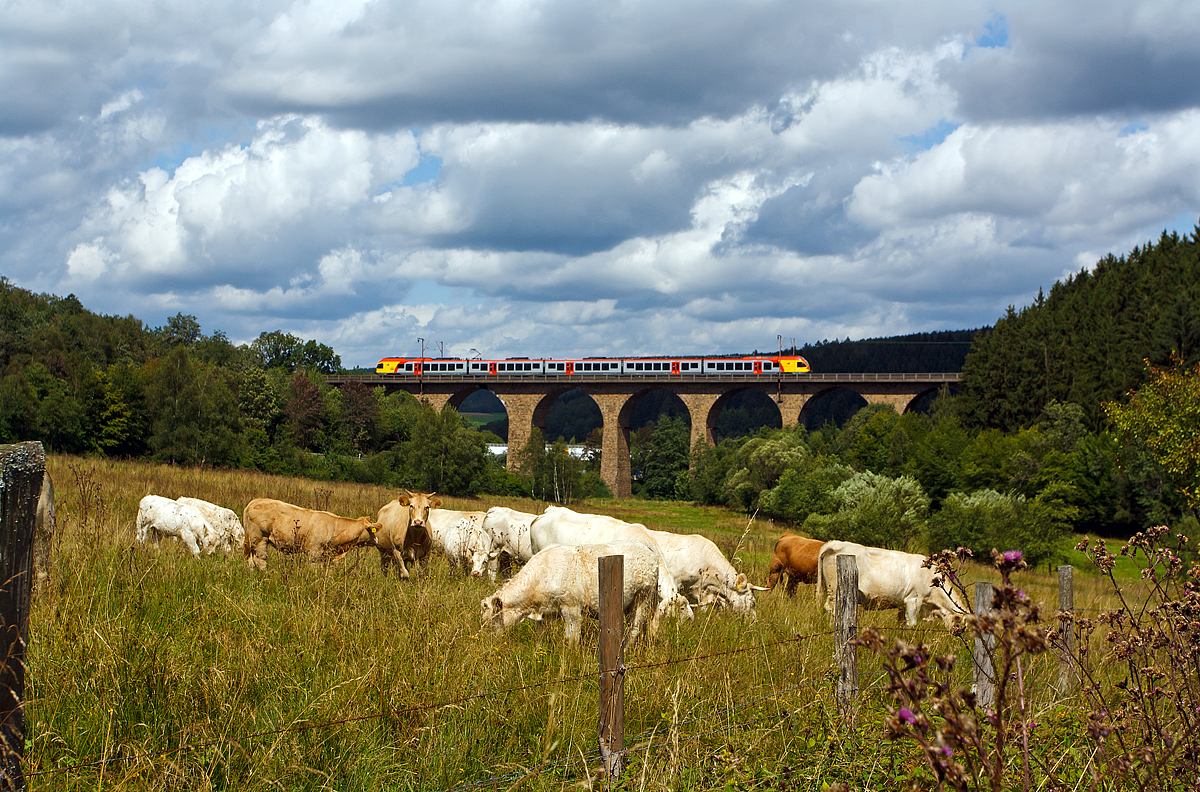 
Auch hierzulande sind Bahn-Kuh-Bilder möglich....
Ein 5-teiliger Flirt der HLB (Hessischen Landesbahn) als RE 99 (RE 40) Main-Sieg-Express (Siegen - Gießen) hier Umlauf HLB24965, fährt am 12.08.2014 über den Rudersdorfer Viadukt in Richtung Gießen. 

Der Rudersdorfer Viadukt wurde zwischen 1914 und 1915 gebaut, und gehört zu den Ingenieur-Großbauwerken der Dillstrecke (KBS 445).
