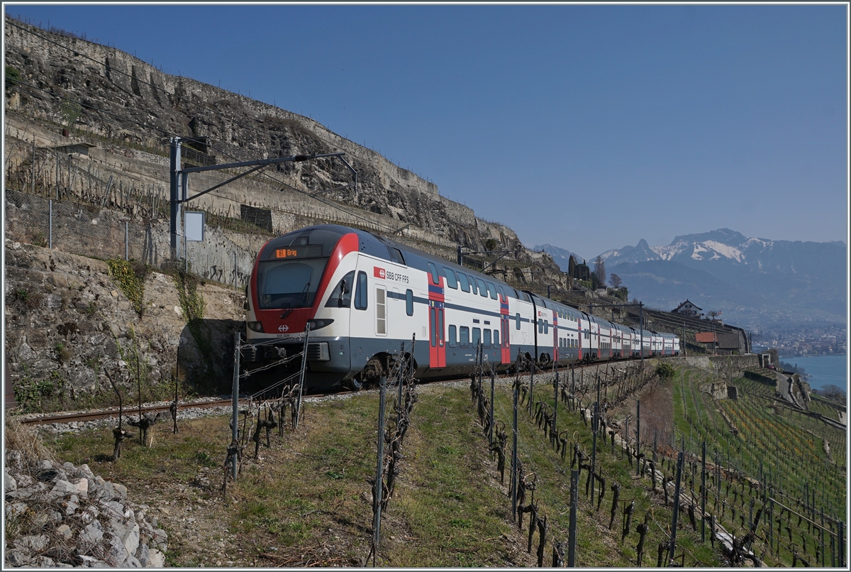 Auch die RABe 511 liefen im RE/IR Umleitungsverkehr mit. Im Bild der SBB RABe 511 026 als IR 30719 auf der Fahrt von Genève Aérport nach Brig zwischen Chexbres und Vevey oberhalb von St-Saphorin. 

20. März 2022