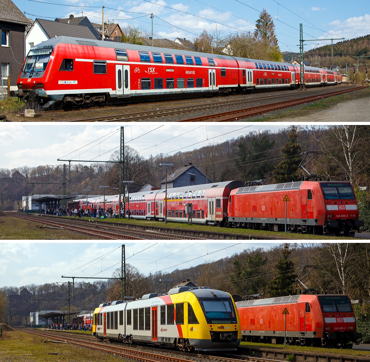 
Bahnhof Brachbach/Sieg am 30.03.2019 (von oben nach unten):

Geschoben von der 146 006-2 erreicht der RE 9 (Siegen – Kln - Aachen) Steuerwagenvoraus den Bahnhof;

Nur am Zug war irgendein Problem, immer wieder wurde die Lok herunter und wieder hochgefahren, nach einer ½ Stunde mussten die Passagiere den Zug verlassen;

Gleichdrauf fuhr der HLB VT 254, ein LINT 48, als RB 90 nach Westerburg ein, ob der Tf ahnte wie voll sein Triebwagen nun wurde. Denn fast alle  Passagiere des RE 9 fuhren (wohl als lsardinen), in Richtung Betzdorf, mit.
