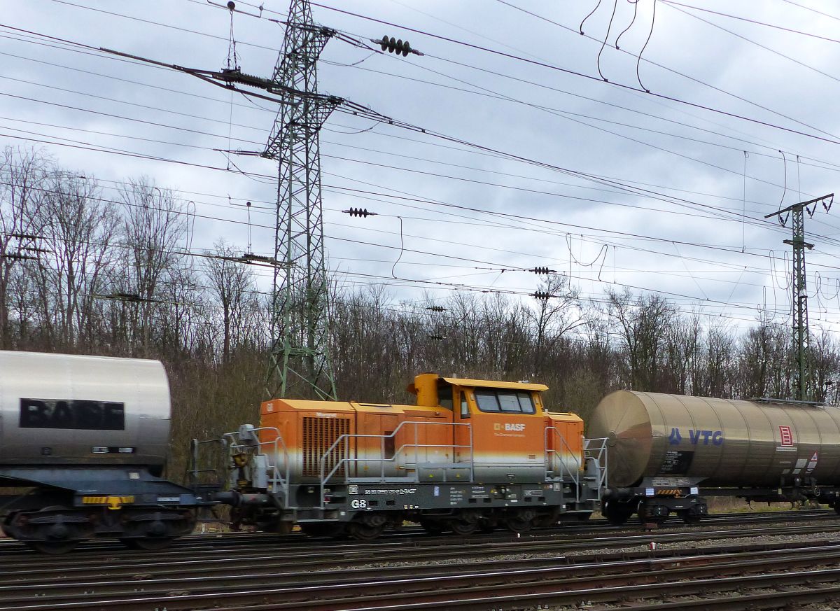 BASF Diesellokomotive G 8 (NVR-Nummer: 98 80 0650 131-2 D-BASF) mit der Name   Margret  Baujahr 2013. Rangierbahnhof K�ln Gremberg. Porzer Ringstra�e, K�ln 08-03-2018.

BASF diesellocomotief G 8 (NVR-nummer: 98 80 0650 131-2 D-BASF) met de naam   Margret  bouwjaar 2013. Rangeerstation Keulen Gremberg. Porzer Ringstra�e, Keulen 08-03-2018.