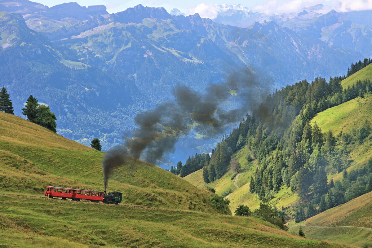 Bergfahrt - Im Anschluss an das schöne Bild der Brienz Rothorn Bahn Lokomotive Nr. 6 von Brian hier noch einige Aufnahmen aus der Gegenwart: Lok 6 (Jahrgang 1933) erklimmt den Berghang oberhalb Planalp, mit den beiden Wagen B 16 und B2 26 vor sich. 3.August 2023 