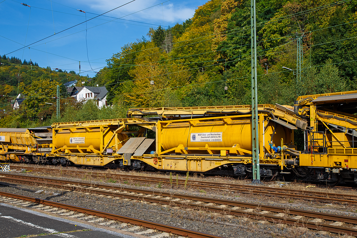 
Bild 7
Der Wasserwagen 37 88 4961 099-1 D-WSG (aufgebaut auf einem Wagen der Gattung Sggmrss 90') zur Plasser & Theurer Bettungsreinigungsmaschine RM 95-800 W der MGW Gleis- und Weichenbau-Gesellschaft mbH & Co. KG (Berlin) ist am 20.09.2020 im Bahnhof Dillenburg abgestellt.

TECHNISCHE DATEN:
Eigengewicht: 27.160 kg (ohne Tanks und Aufbauten)
Länge über Puffer: 29.590 mm
Drehzapfenabstand: 2 x 11.995 mm
Kleister befahrbarer Gleisbogen: R 75 m
Höchstgeschwindigkeit : 100 km/h (S) / 120 km/h (SS)
Max. Ladegewicht: 107 t (ab Streckenklasse D bei S-Verkehr) / 92 t (ab Streckenklasse C bei SS-Verkehr)