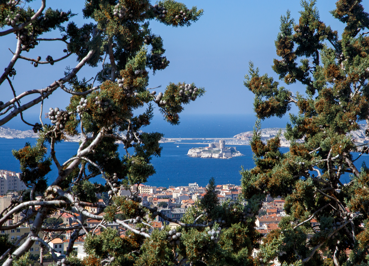 
Blick auf die Île d’If mit dem Château d’If, am 26.03.2015 von der Wallfahrtskirche Notre-Dame de la Garde in Marseille aus. 