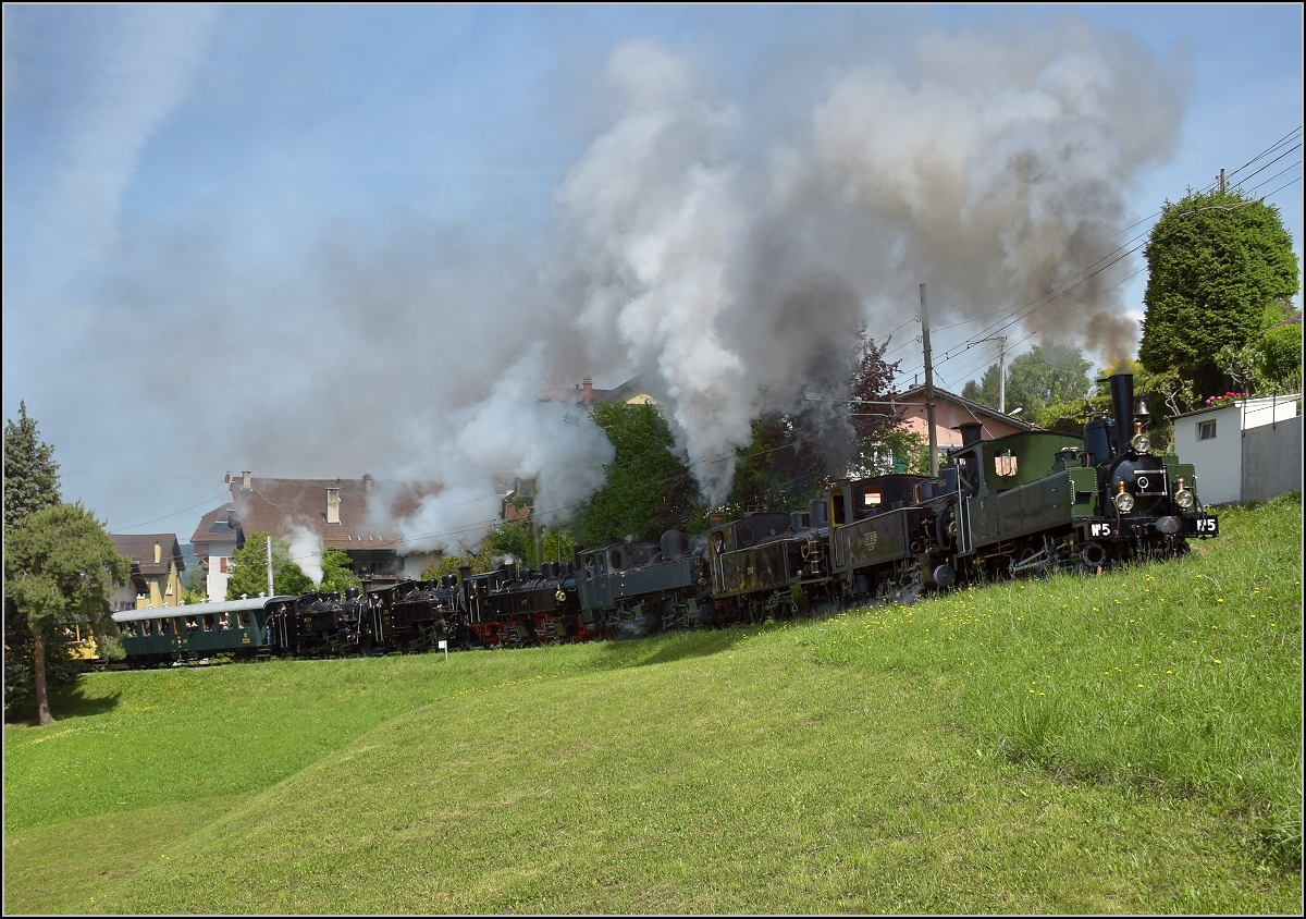 Blonay-Chamby Mega Steam Festival zum 50. Jubiläum der Museumsbahn. Septuple Traction oder auf deutsch 7-fach Traktion und für die Fachleute 6-fach-Vorspann, wann gibt es schon mal so etwas zu sehen. Zischen, Dampfen, Pfeifen, Klackern und rumpeln zu Siebt, wann gibt es so etwas schon mal zu sehen. Blonay, Mai 2018.

1. Lok: G 3/3 5, 1890 LEB
2. Lok: G 3/3 909 / 6, 1901 JS / BAM
3. Lok: G 3/4 208, 1913 CFF
4. Lok: G 2x 2/2 E164, 1905 CP
5. Lok: G 2x 2/2 105, 1918 SEG
6. Lok: HG 3/4 4, 1913 FO
7. Lok: HG 3/4 3, 1913 BFD