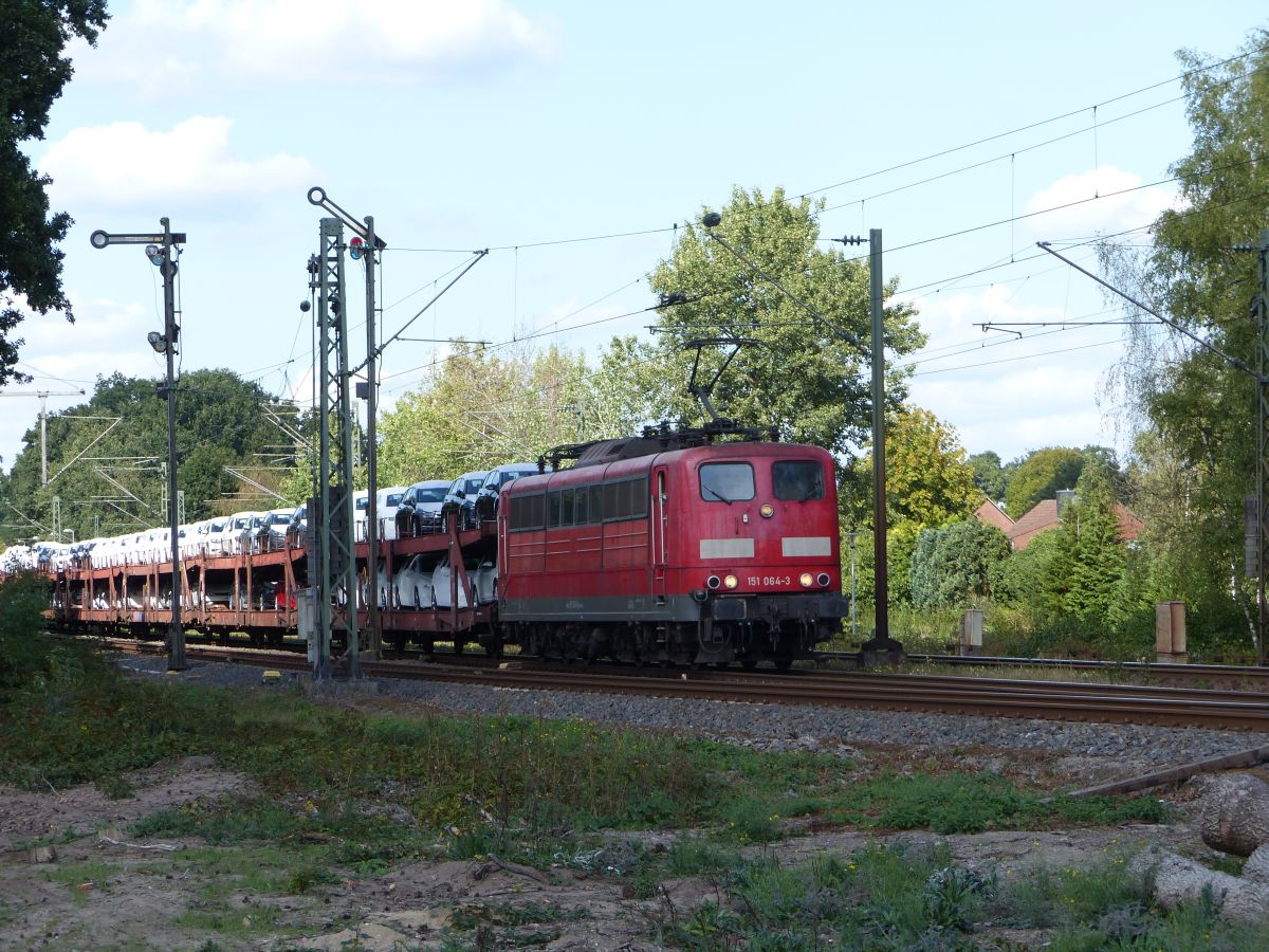 DB Cargo Lok 151 064-3 bei Bahn�bergang Grenzstra�e, Emsb�ren  13-09-2018.

DB Cargo loc 151 064-3 bij de overweg Grenzstra�e, Emsb�ren  13-09-2018.