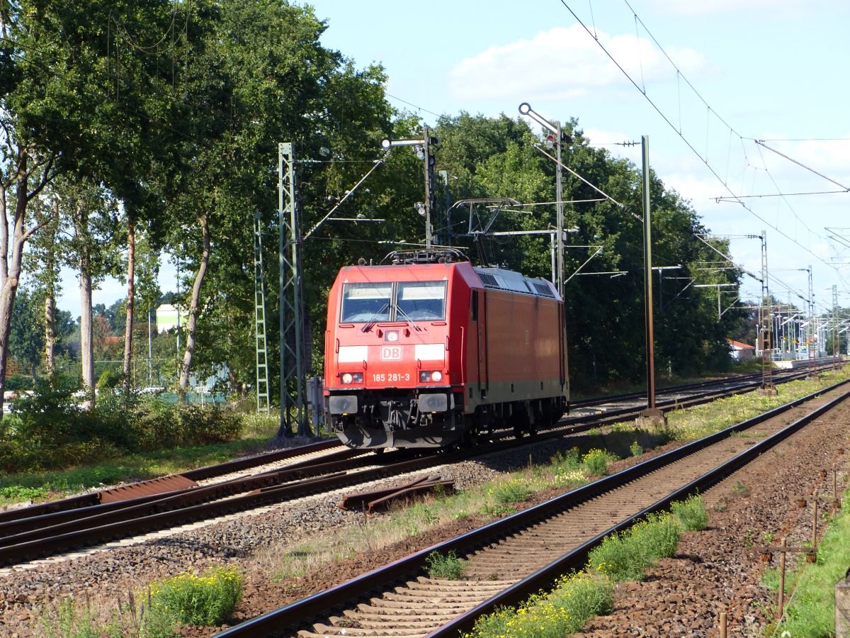 DB Lok 185 281-3 bei Bahn�bergang Grenzstra�e, Emsb�ren 13-09-2018.

DB loc 185 281-3 bij de overweg Grenzstra�e, Emsb�ren 13-09-2018.