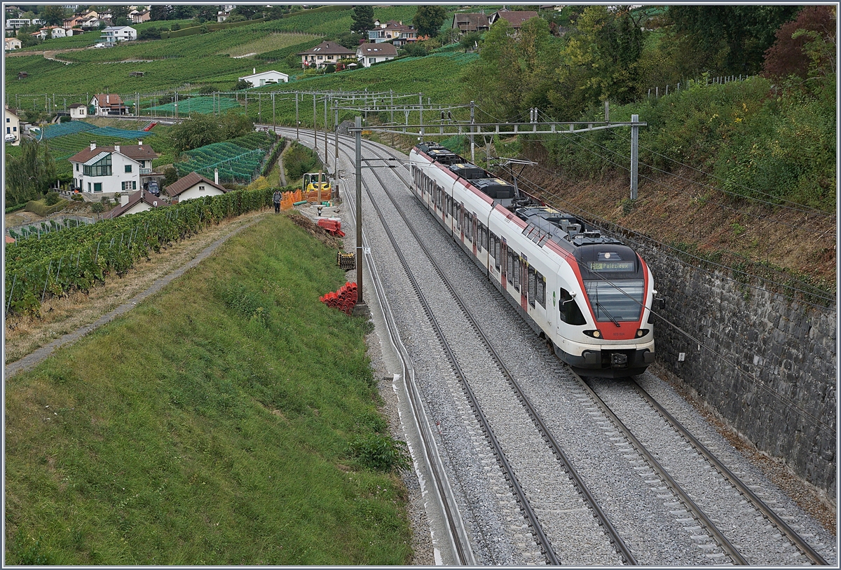 Dem Publikum als  Sommerfahrplan  schmachhaft gemacht wurde unter anderem auch die Strecke Lausanne - Bern zwischen Lausanne und Puidoux gesperrt und gesamthaft erneuert, mit dem Resultat, dass zumindest optisch sich erfreulicherweise kurz nach der Wiederinbetriebnahme gleich beide Gleise frisch ein geschottert zeigten. Kurz nach der Abfahrt in Bossière zeigt sich ein SBB RABe 523 auf dem Weg nach Palézieux.

29. Aug. 2018