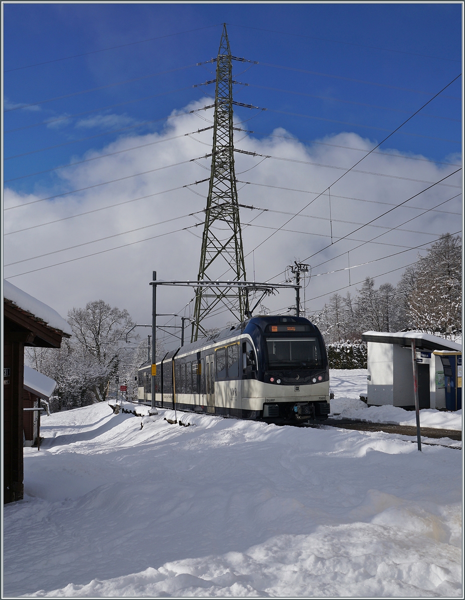 Der CEV MVR SURF ABeh 2/6 7505 als Regionalzug 1432 von Les Pléiades nach Vevey in Fayaux.

18. Januar 2021
