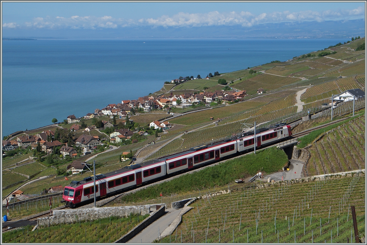 Der Travys Domino RBDe 560 384-0 im Einsatz auf der  Train des Vignes  Linie Vevey - Puidoux-Chexbres bei Chexbres als S31 12064.
6. Mai 2015
