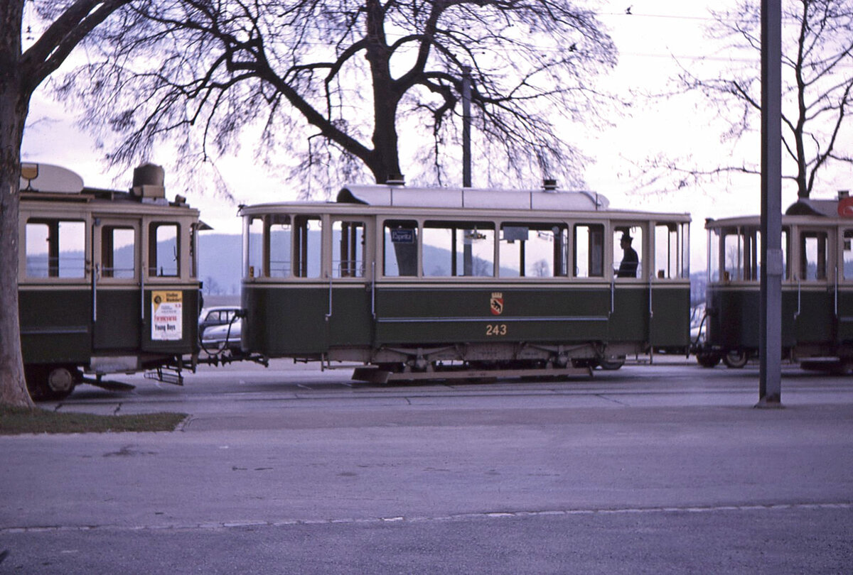 Die alten Berner Zweiachs-Anhänger, Standard-Anhänger Serie 238-257 von 1914: Wagen 243 wurde noch hauptrevidiert und bekam dann ein neues Wappen mit der Burgzinne. Auch dieser Wagen blieb bis zum Ende des Einsatzes von Zweiachs-Anhängern 1973 in Betrieb. Aufnahme beim Stadion Wankdorf, dort wo heute wieder ein Tram fährt. 20.Februar 1966  