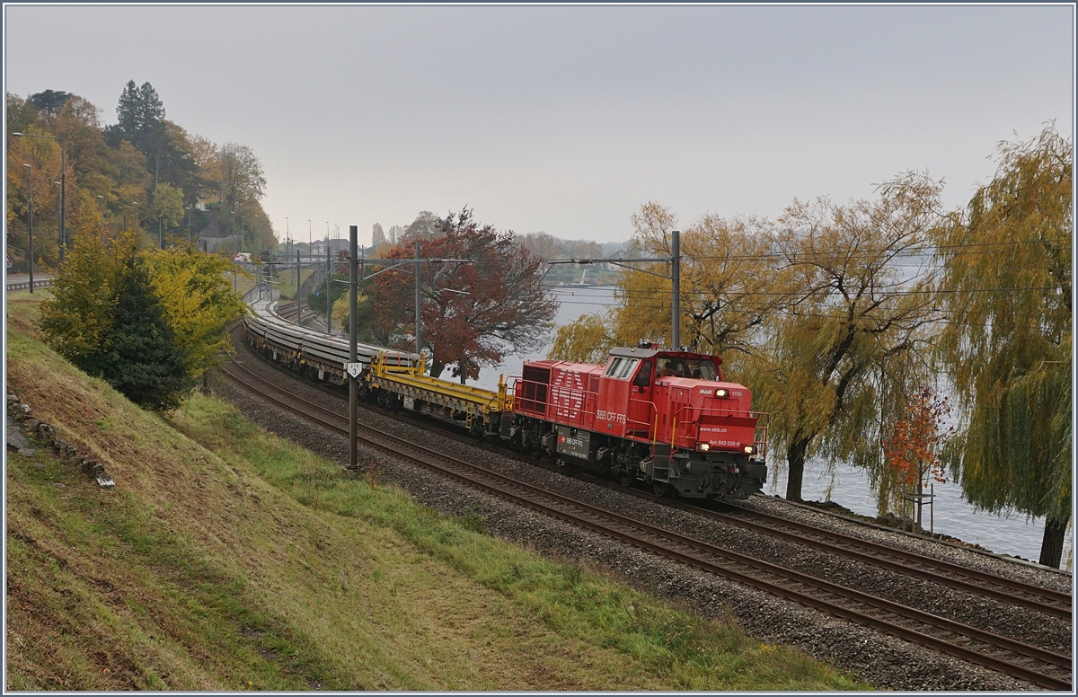 Die Am 843 026-6 ist mit einem Zug voller Schwellen kurz nach Villeneuve Richtung Montreux unterwegs.
6. Nov. 2018 