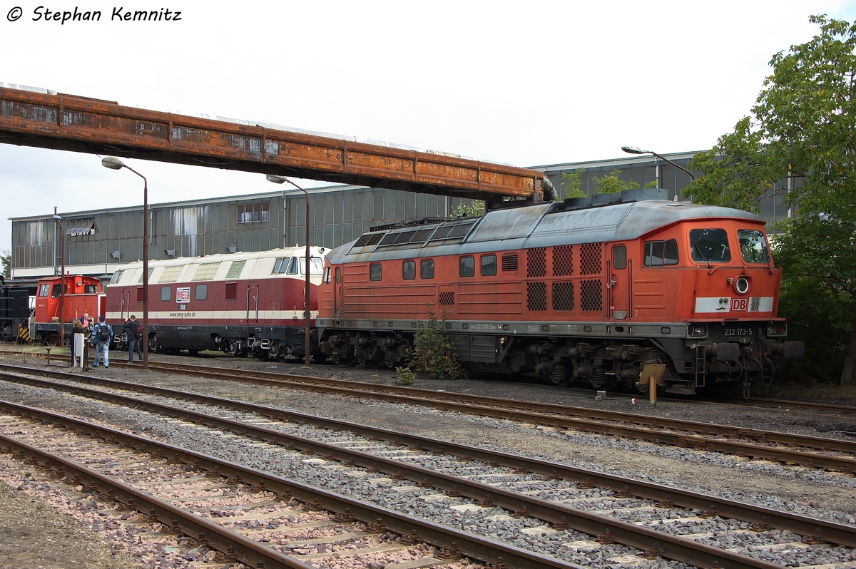 Die Ausgemustere 232 173-5 steht seid Dezember 2012 in Stendal bei Alstom abgestellt. Dahinter stand die MEG 208 (228 786-0) abgestellt und war zu sehen beim Tag der offenen T�r 2013 bei Alstom in Stendal. 21.09.2013