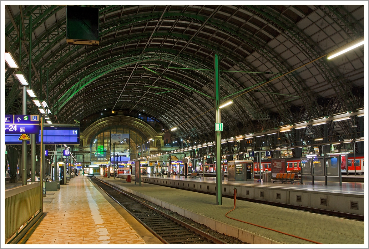 Die Bahnhofhalle vom Hauptbahnhof Frankfurt am Main am 28.12.2013 (1:28 Uhr), Blick vom Bahnsteig 14 in Richtung der Bahnsteiganfänge (Kopf). 

Von 2002 bis 2006 wurden die unter Denkmalschutz stehenden Dächer der fünf Bahnsteighallen im laufenden Betrieb unter Berücksichtigung denkmalpflegerischer Aspekte komplett erneuert. Insgesamt wurden etwa 60.000 m² Dach- und Wandverkleidung, davon etwa 30.000 m² Glasfläche, erneuert und 5000 Tonnen Stahl ausgetauscht. 
Insgesamt wurden 117 Millionen Euro in die Dachsanierung investiert. Die Kosten wurden zu 80 Prozent durch den Bund getragen.
