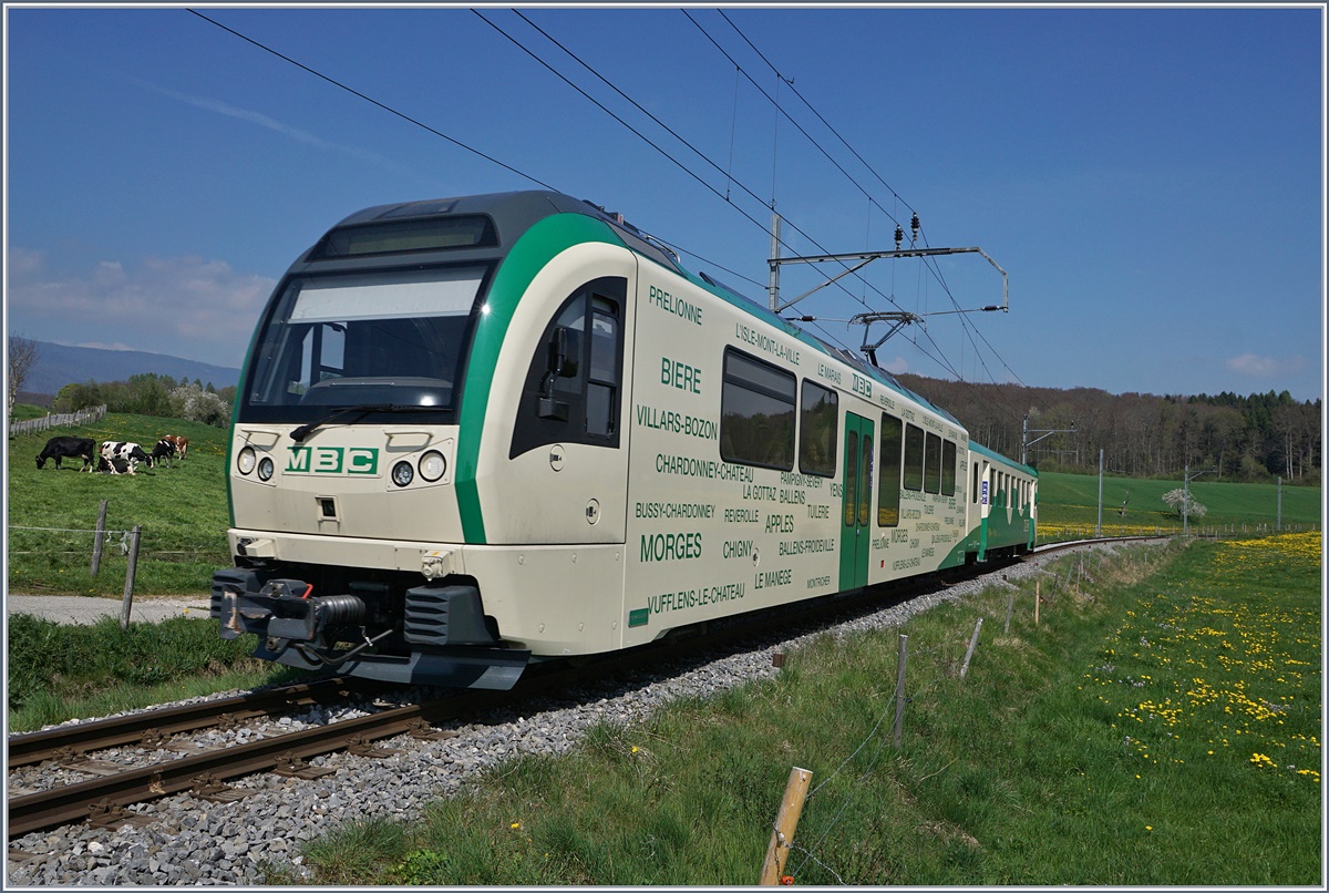 Die BAM MBC bedient die Strecke Apples L'Isle mit einer Fahrzeit von vierzehn Minuten im Stundentakt. In der Hauptverkehrszeit am Morgen und Mittag wird der Halbstundentakt angeboten, damit dies mit in Ermangelung an Kreuzungsstation mit einer Komposition bewerkstelligt werden kann, hält der Zug unterwegs nur in Pampigny-Sévery und Montricher, so dass bei einer Fahrzeit von nun dreizehn Minuten der Zug eine Stunde lange ständig hin und her pendelt. Das Bild zeigt den Regionalzug 529, bestehend aus Be 4/4 35 und Bt 54, der in Kürze sein Ziel Apples erreicht.
10. April 2017