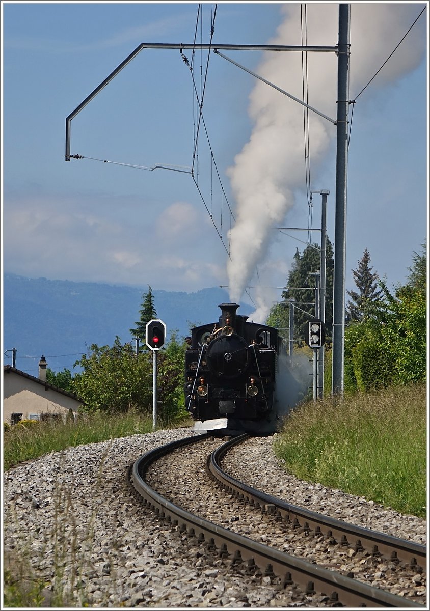 Die BFD HG 3/4 NR.3 fährt nach einem Signalhalt beim Château d'Hauteville weiter nach Blonay.
(20.05.2018)