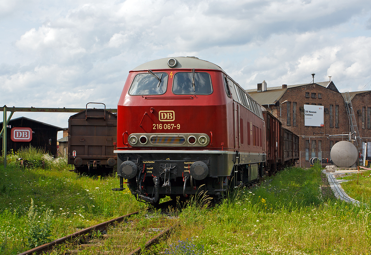 
Die DB 216 067-9, ex DB V 160 067 am 18.07.2012 im DB Museum Koblenz. 

Die V160 wurde 1966 von Krupp unter der Fabriknummer 4830 gebaut und als V 160 067 an die DB geliefert, an 01.01.1968 wurde sie in DB 216 067-9 umgezeichnet. Die z-Stellung erfolgte 2004.

Die Baureihe V 160 (ab 1968 Baureihe 216) ist die erste Variante der V 160-Familie, die im Nachkriegs-Neubauprogramm der Deutschen Bundesbahn als einmotorige Großdiesellokomotive für den mittelschweren Streckendienst projektiert wurde.

Angetrieben wird diese Lok von einem 16-Zylindern-Dieselmotor MB 16 V 652 TB 10 mit und einer Leistung von 1900 PS bei 1500/min. Die Leistung gelangt über ein hydraulisches Getriebe (Voith-Getriebe L 821 rs) mit zwei Wandlern und einer Kupplung und Gelenkwellen zu den Radsatzgetrieben in den beiden zweiachsigen Drehgestellen. Bei dieser Serienausführung ist der Motor in einer geschlossenen Motorkammer elastisch gelagert, das führt zu geringeren Geräuschemissionen. Zusätzlich zum Fahrdieselmotor ist ein kleiner Hilfsdieselmotor vorhanden, welcher beim Aufrüsten – insbesondere zum Betrieb des Dampfheizkessels – und als Kompressor zur Luftversorgung genutzt werden kann. Daneben existiert aber auch ein elektrischer Luftpresser. Für den Reisezugdienst wurde eine Dampfheizeinrichtung Vapor-Heating OK4616 der Fa. Hagenuk eingebaut, die zusätzlich die Maschinenanlage vorwärmen und warmhalten kann.

Beim selbsttragenden Fahrzeugkasten trägt ein aus Blechen geschweißter Grundrahmen die Karosserie aus Hohlprofilen mit Blechbespannung. Der Maschinenraum befindet sich zwischen den beiden stirnseitigen Führerständen. Er verfügte über einen Seitengang, während die späteren Baureihen der V 160-Familie über zwei Seitengänge verfügten. Die geschweißten Drehgestelle bestehen aus Kastenprofilen, sie sind über Drehzapfen mit dem Rahmen verbunden. Die Radsätze haben Rollenlager und sind mit Blattfedern oder Metallgummifedern im Drehgestell abgefedert.

TECHNISCHE DATEN:
Achsformel:  B'B'
Spurweite:  1435 mm (Normalspur)
Länge über Puffer:  16.000 mm
Drehzapfenabstand: 8.600 mm
Drehgestellachsstand:  2.800 mm
Gesamtradstand:  11.400 mm
Dienstgewicht:  76,7 t
Radsatzfahrmasse:  19,2 t
Höchstgeschwindigkeit:  120 km/h (im Rangiergang 80 km/h)
Motor: 16-Zylindern-Dieselmotor MTU MB 16 V 652 TB 10
Installierte Leistung:  1.900 PS (1.400 kW)
Nenndrehzahl:  1500/min
Anfahrzugkraft:  240 / 170 kN
Treibraddurchmesser:  1.000 mm
Leistungsübertragung:  hydraulisch
Getriebe: Voith-Getriebe L 821 rs
Tankinhalt:  2.700 l
Bremse:  Druckluftbremse KE-GPP²mZ
Zugheizung:  Dampf
Gebaute Anzahl: 224