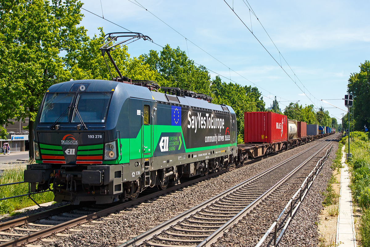 
Die fr die TX Logistik AG (Troisdorf) fahrende Vectron MS der ELL - European Locomotive Leasing 193 278 (91 80 6193 278-9 D-ELOC) „Say Yes To Europe“ fhrt am 01.06.2019 mit einem Containerzug durch den Bahnhof Bonn UN Campus (in Bonn-Gronau) in Richtung Norden.

Die Vectron MS wurde 2017 von Siemens Mobilitiy in Mnchen unter der Fabriknummer 22279  gebaut und an die ELL - European Locomotive Leasing geliefert, die sie an die TX Logistik AG vermietet hat. Diese Vectron Lokomotive ist als MS – Lokomotive (Multisystem-Variante) mit 6.400 kW konzipiert und zugelassen fr Deutschland, sterreich, Schweiz, Italien und Niederlande, sie hat eine Hchstgeschwindigkeit von 200 km/h. So ist es mglich ohne Lokwechsel vom Mittelmeer die Nordseehfen Rotterdam oder Hamburg an zu fahren.

Die Vectron MS hat folgende Leistungen:  
Unter 15kV, 16,7Hz  und 25kV, 50Hz Wechselstrom mit 6.400kW; 
unter 3kV Gleichstrom mit 6.000kW sowie 
unter 1,5kV Gleichstrom 3.500kW

Auf dem Dach der Lok befinden sich vier Einholmstromabnehmer
Position A Pantograf  fr AC 1.450 mm breit (fr Schweiz)
Position B Pantograf fr DC 1.450 mm breit (fr Italien)
Position C Pantograf  fr DC 1.950 mm breit (fr Niederlande)
Position D Pantograf  fr AC 1.950 mm breit (fr Deutschland, sterreich), Position D ist hier im Bild vorne.