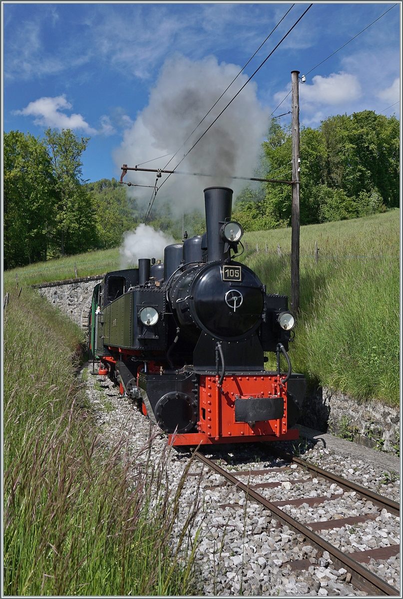 Die G 2x 2/2 105 der Blonay-Chamby Bahn ist auf dem Weg nach Chamby und erreicht in Kürze den Haltepunkt Cornaux. 

23. Mai 2021