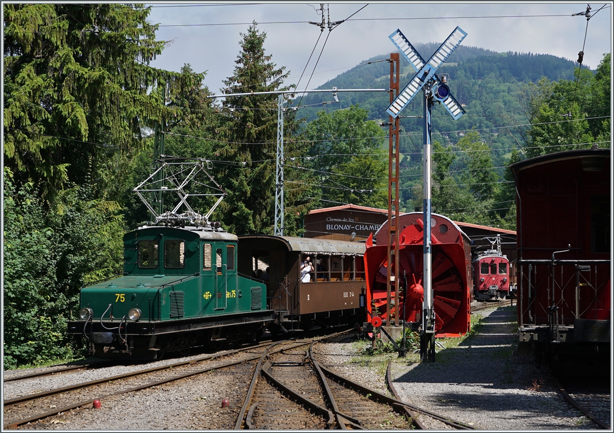 Die +GF+ Ge 4/4 75 (1913) ist in Chaulin mit einem Reisezug unterwegs, Neben den  Hippen Wendescheiben in Blonay, steht in Chaulin auch dieses Ragierformsignal, welches jedoch im gegensatz zu den Hippschen Wendescheiben nur als  Dekoration  dient. 

26. Juni 2021