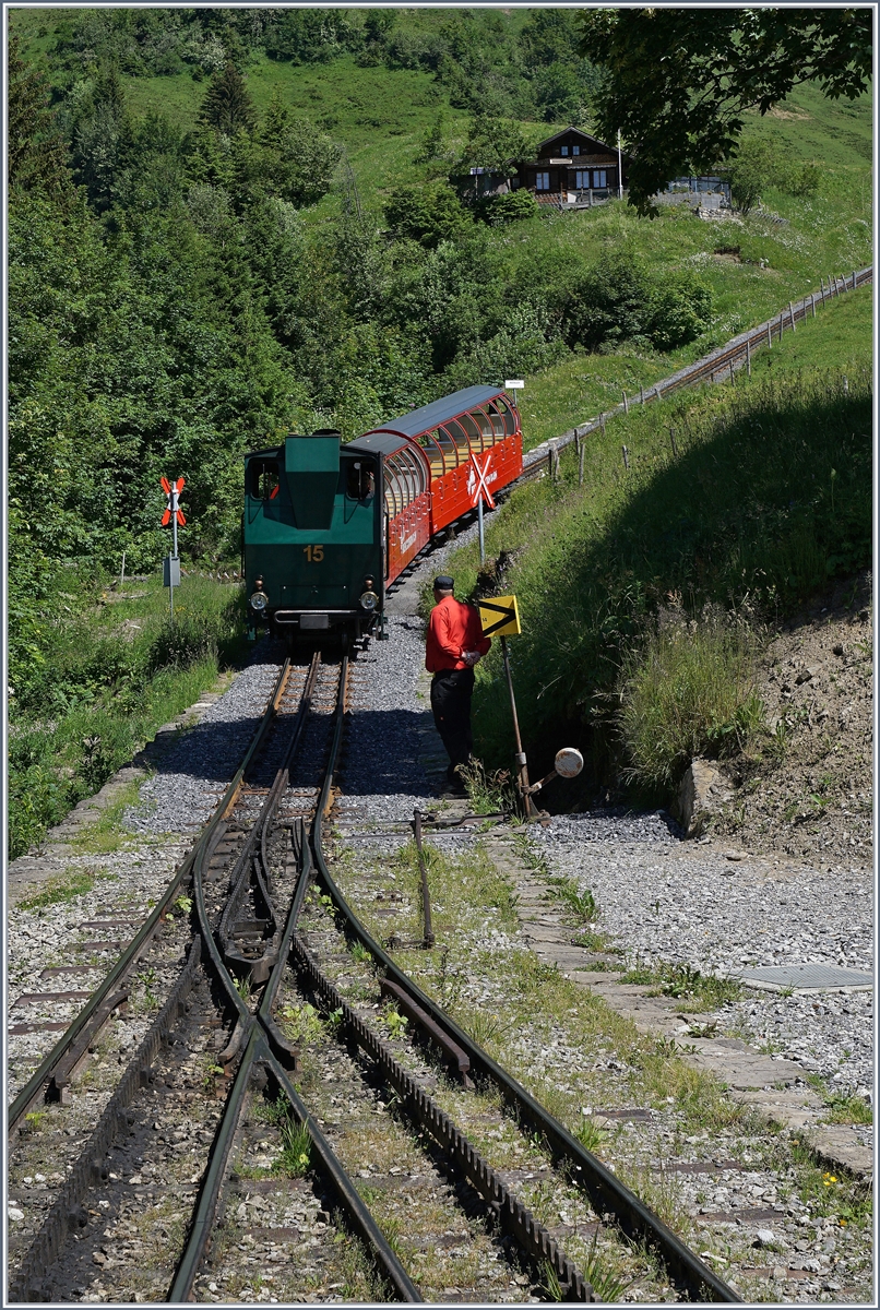 Die H 2/3 15 erreicht Planalp; nach der Ankunft des Zuges kann die Weiche füt den bergwärts fahrenden Gegenzug gestellt werden.
7. Juli 2016